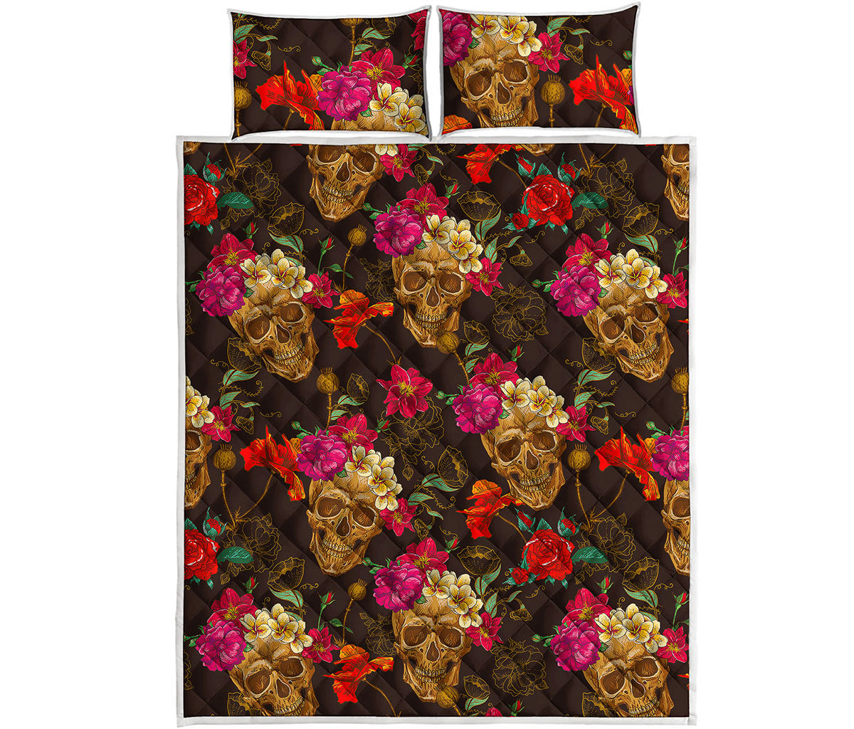 Vintage Flowers Skull Pattern Print Quilt Bed Set