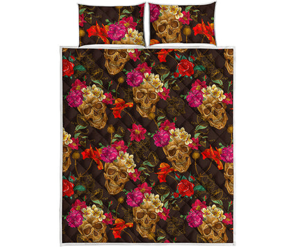 Vintage Flowers Skull Pattern Print Quilt Bed Set
