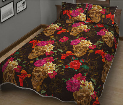 Vintage Flowers Skull Pattern Print Quilt Bed Set