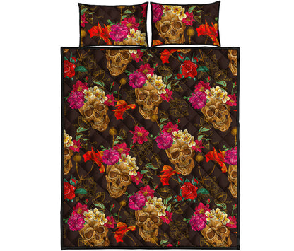 Vintage Flowers Skull Pattern Print Quilt Bed Set