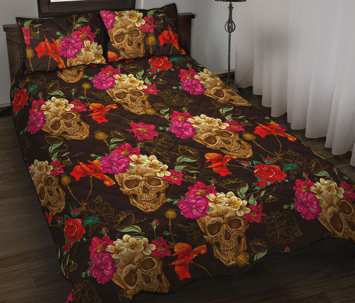 Vintage Flowers Skull Pattern Print Quilt Bed Set