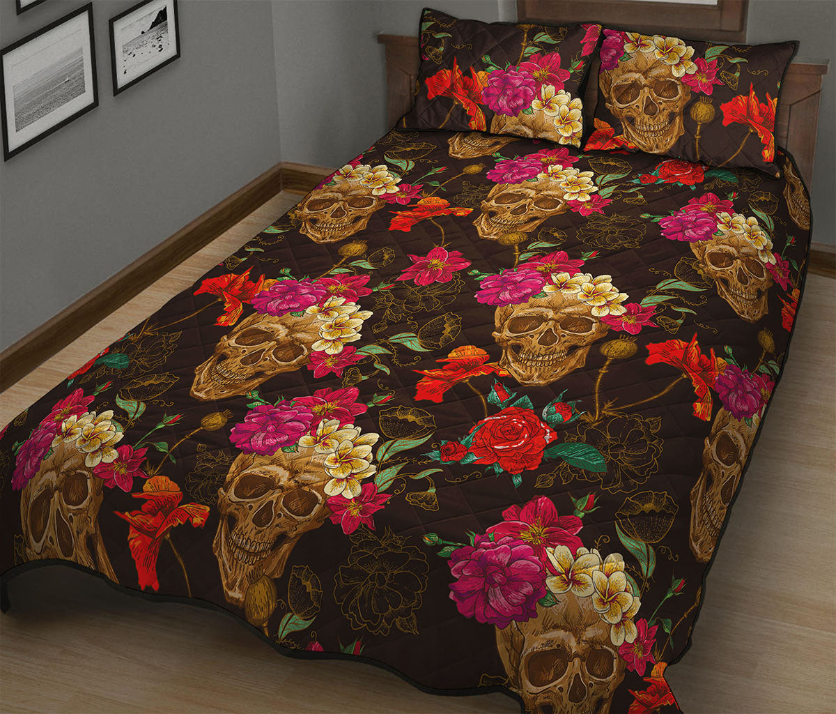 Vintage Flowers Skull Pattern Print Quilt Bed Set