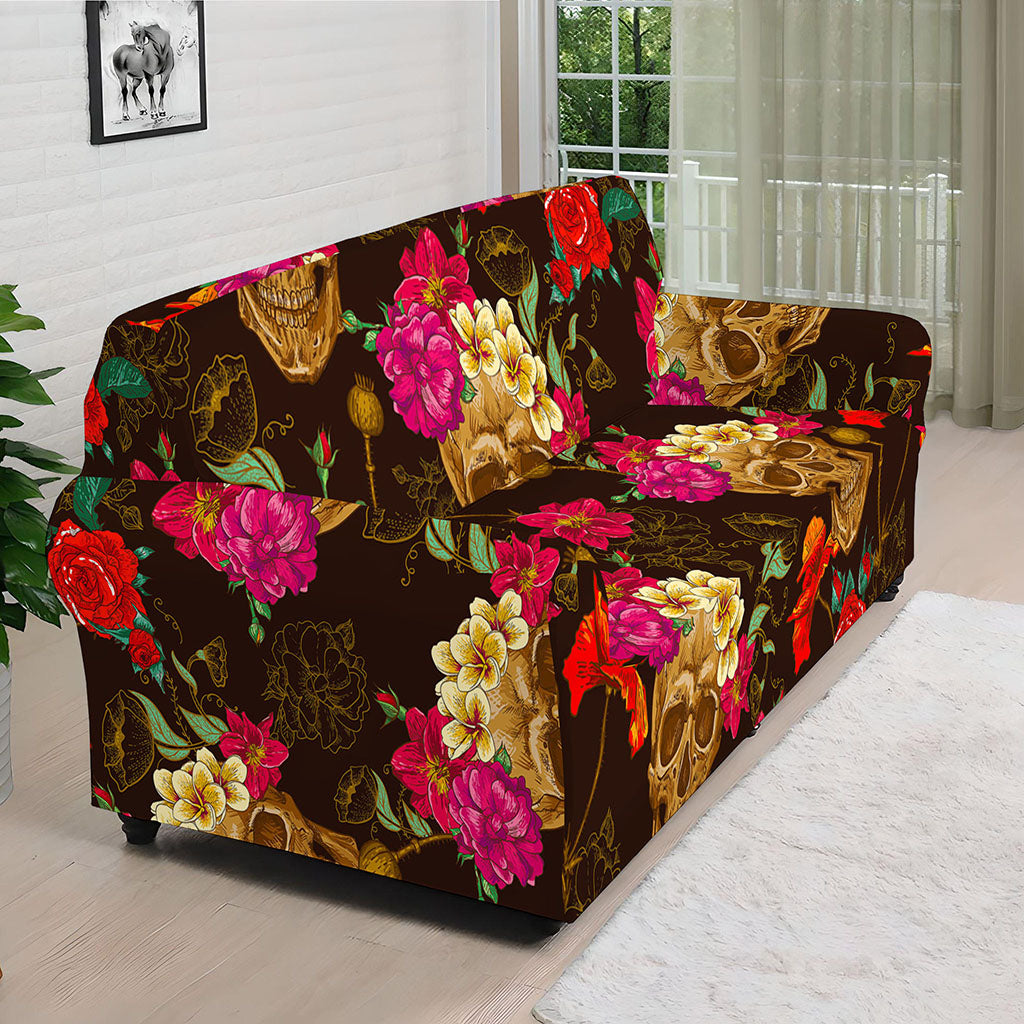 Vintage Flowers Skull Pattern Print Sofa Cover