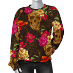 Vintage Flowers Skull Pattern Print Women's Crewneck Sweatshirt GearFrost