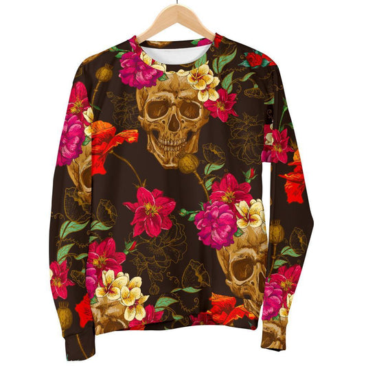Vintage Flowers Skull Pattern Print Women's Crewneck Sweatshirt GearFrost