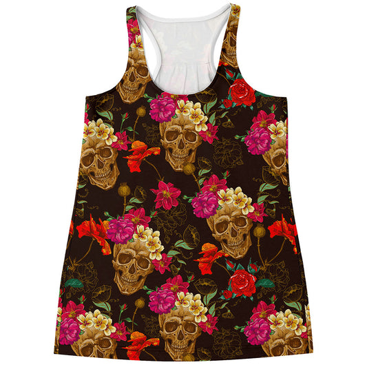 Vintage Flowers Skull Pattern Print Women's Racerback Tank Top