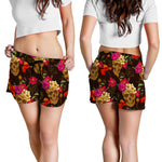 Vintage Flowers Skull Pattern Print Women's Shorts