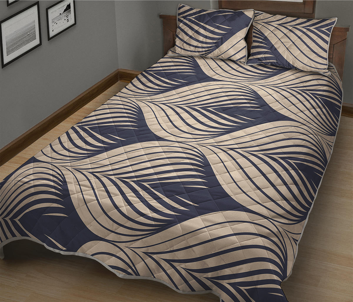 Vintage Geometric Leaf Pattern Print Quilt Bed Set