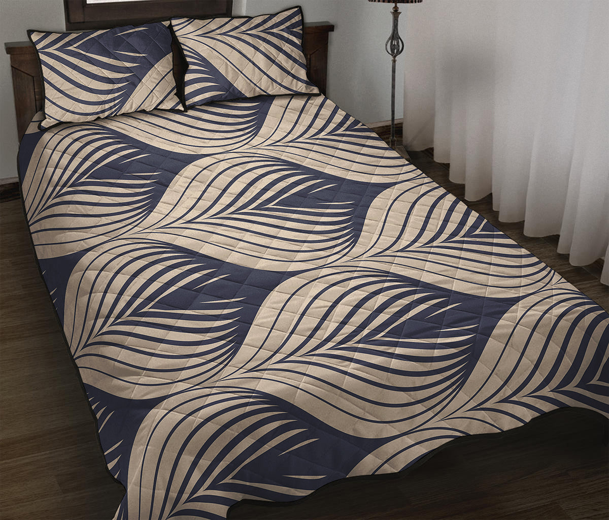 Vintage Geometric Leaf Pattern Print Quilt Bed Set