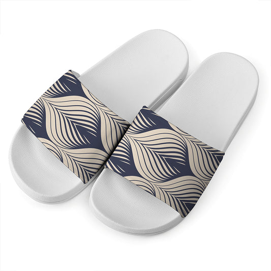 Vintage Geometric Leaf Pattern Print White Slide Sandals