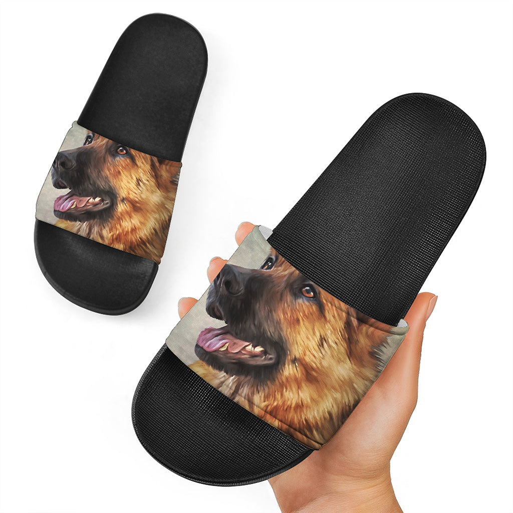 Vintage German Shepherd Portrait Print Black Slide Sandals