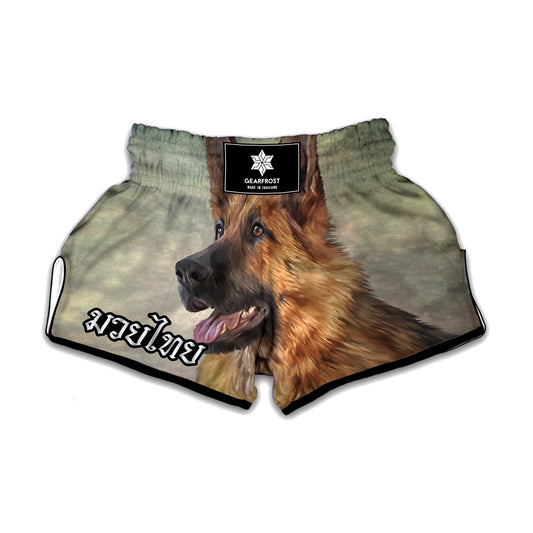 Vintage German Shepherd Portrait Print Muay Thai Boxing Shorts