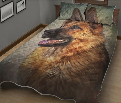 Vintage German Shepherd Portrait Print Quilt Bed Set