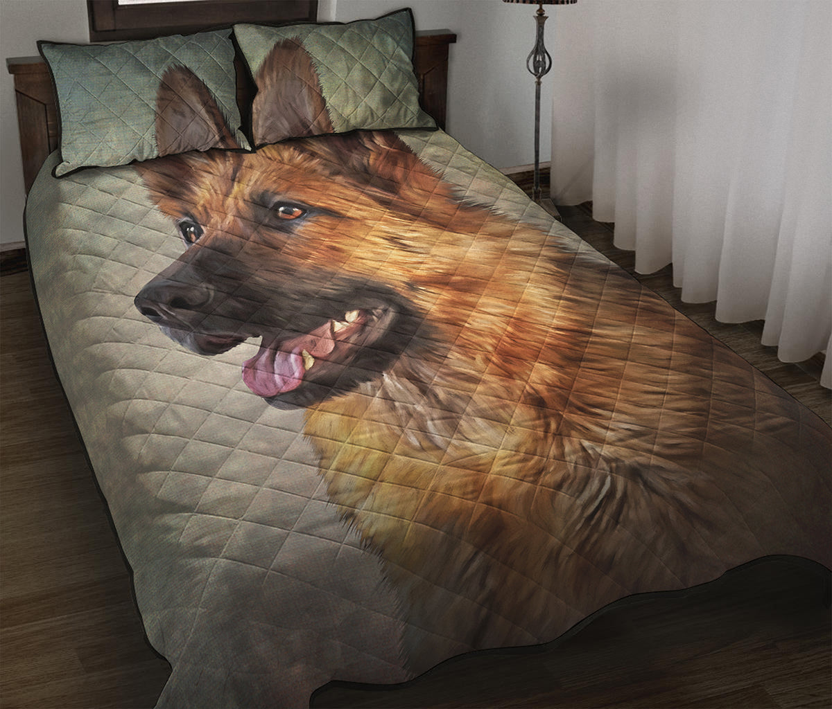 Vintage German Shepherd Portrait Print Quilt Bed Set