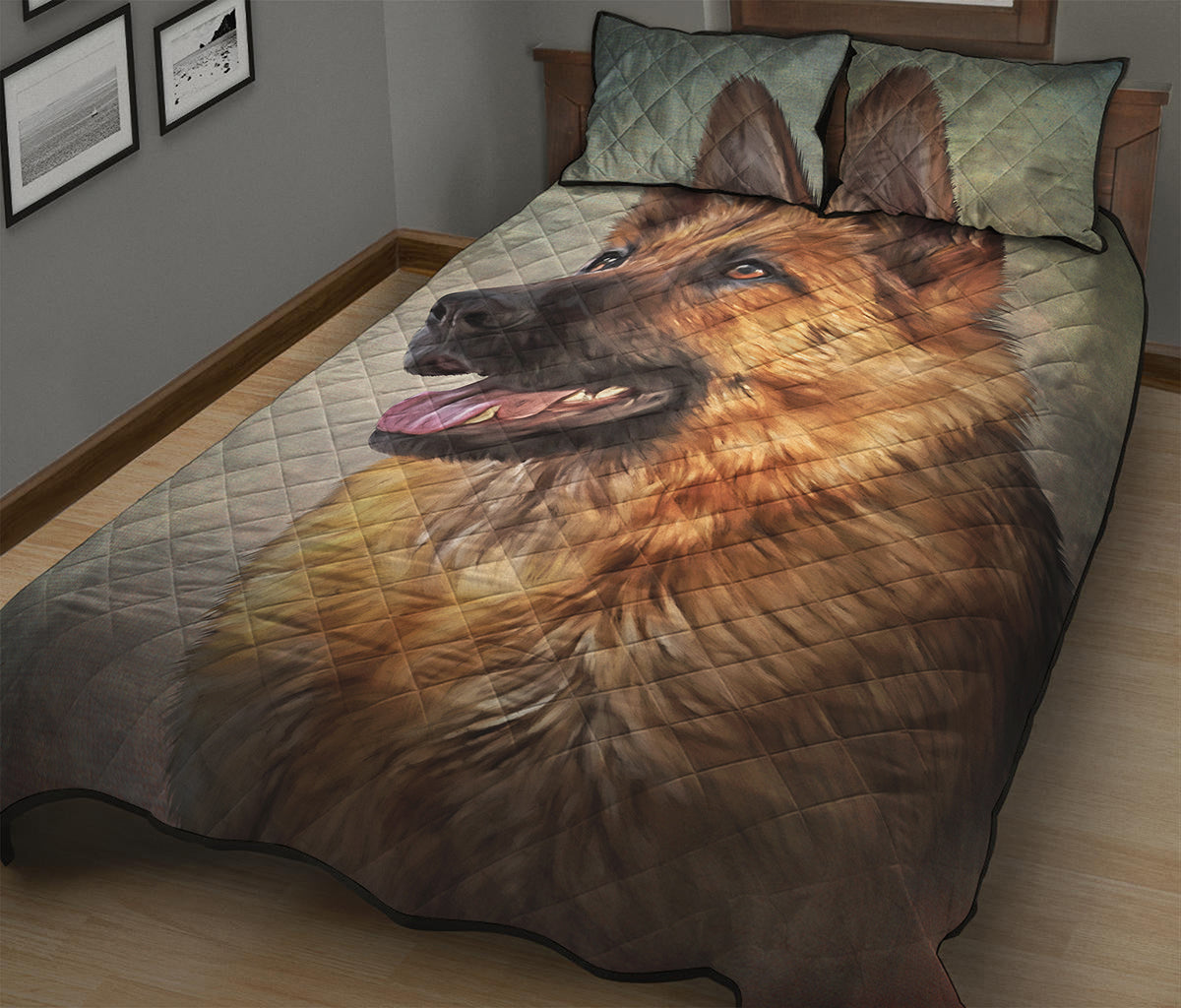 Vintage German Shepherd Portrait Print Quilt Bed Set