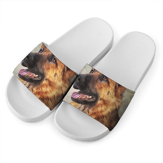 Vintage German Shepherd Portrait Print White Slide Sandals