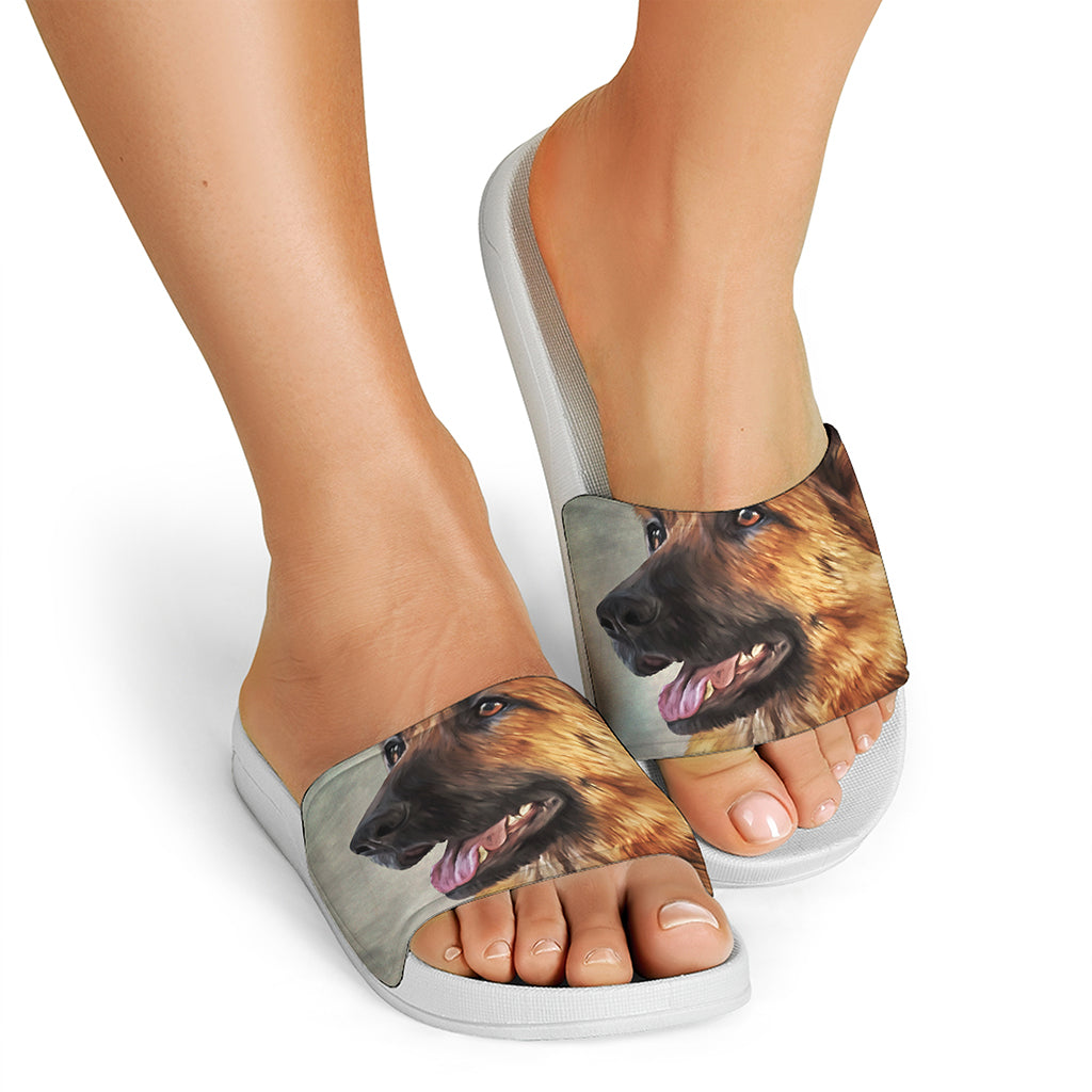Vintage German Shepherd Portrait Print White Slide Sandals
