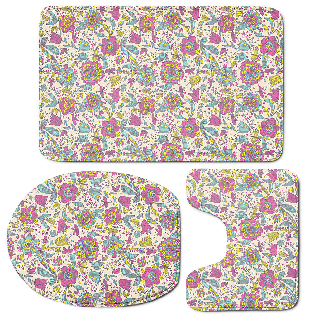 Vintage Girly Floral Print 3 Piece Bath Mat Set