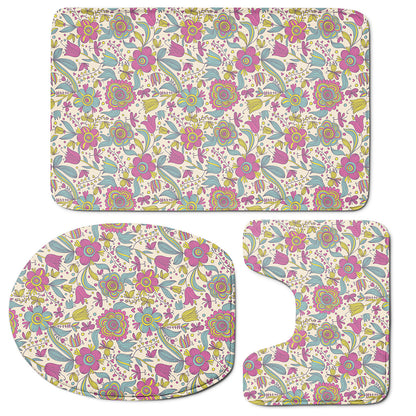 Vintage Girly Floral Print 3 Piece Bath Mat Set