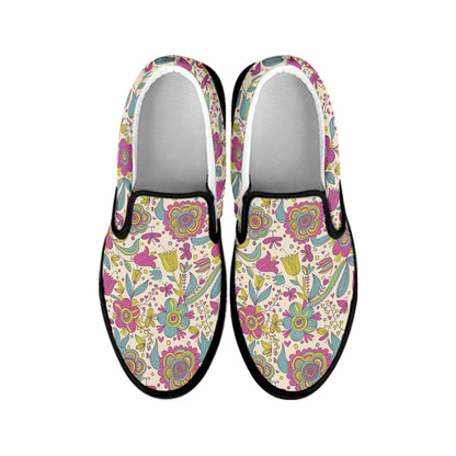 Vintage Girly Floral Print Black Slip On Shoes