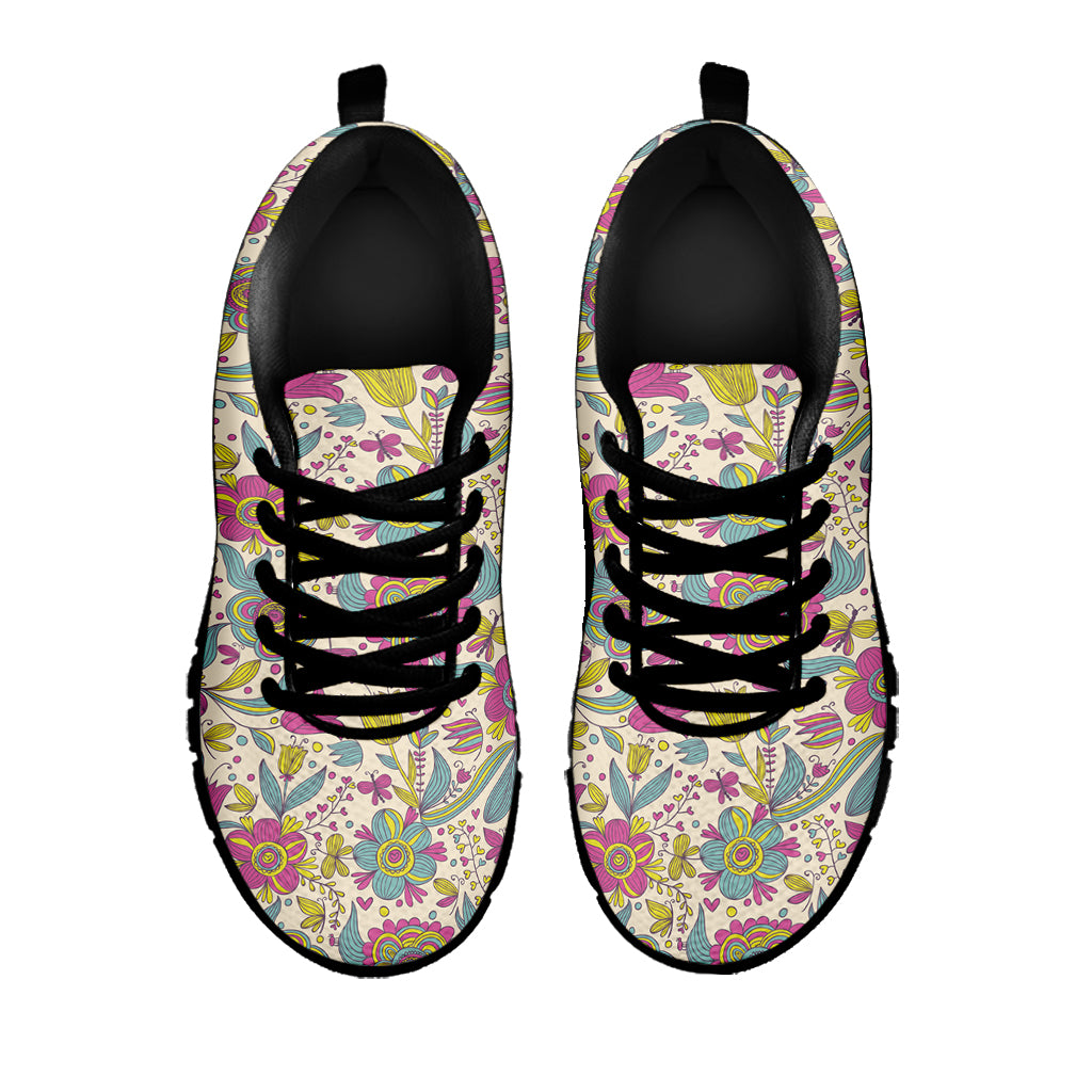 Vintage Girly Floral Print Black Sneakers