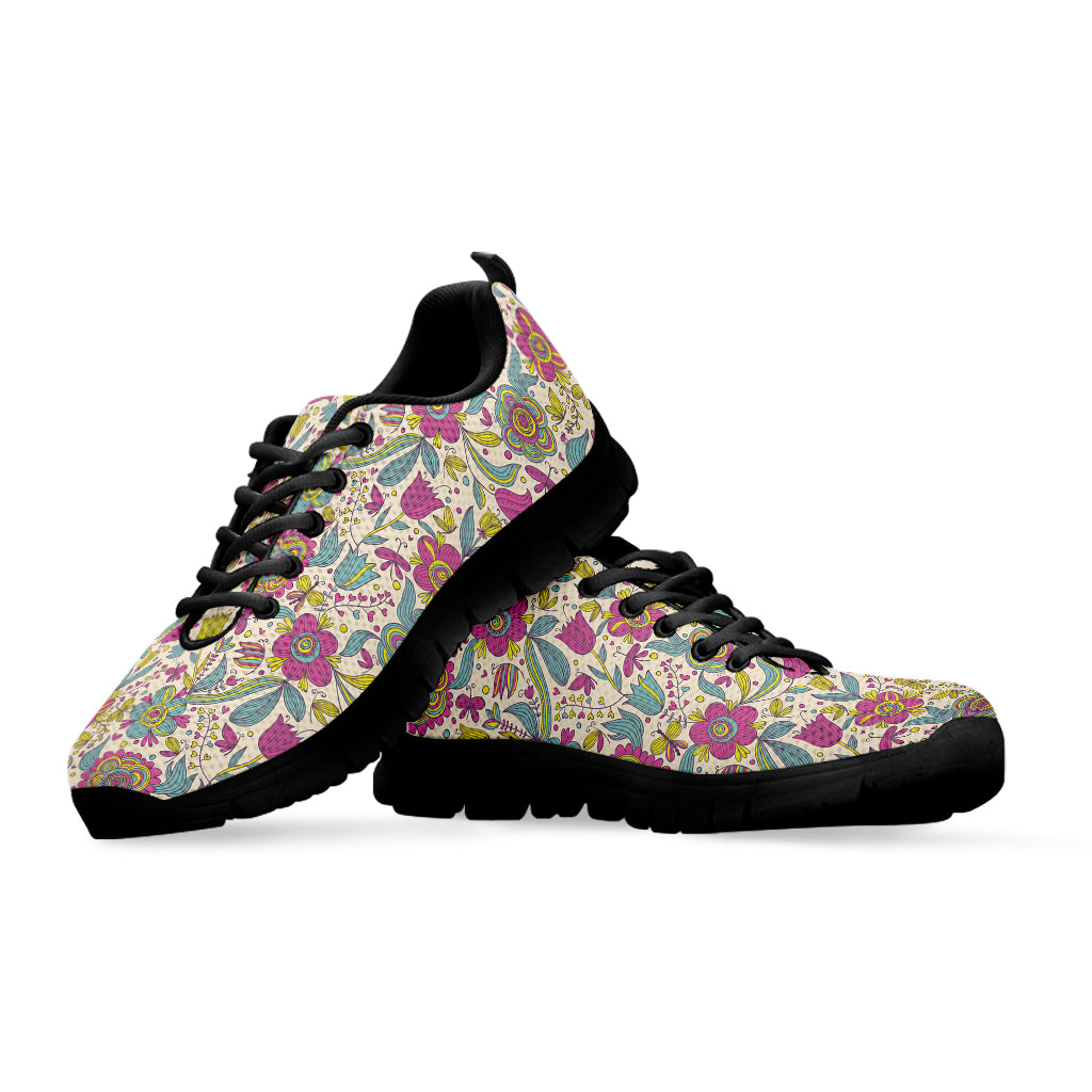 Vintage Girly Floral Print Black Sneakers