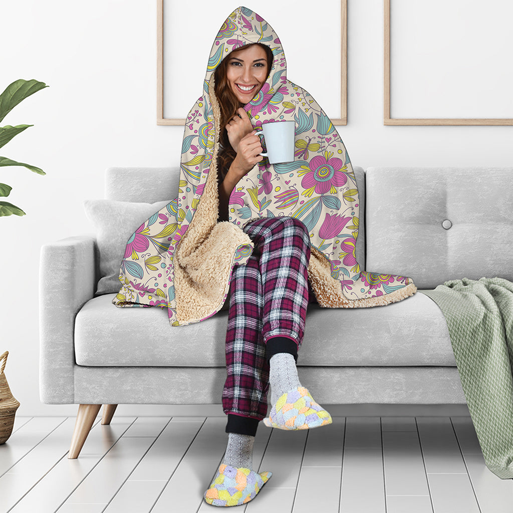 Vintage Girly Floral Print Hooded Blanket