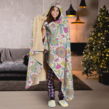 Vintage Girly Floral Print Hooded Blanket
