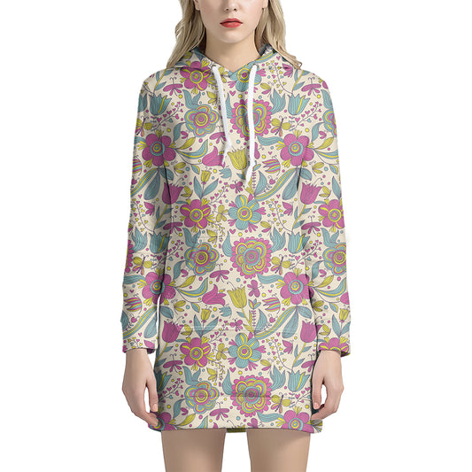 Vintage Girly Floral Print Hoodie Dress