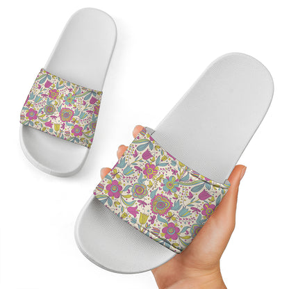 Vintage Girly Floral Print White Slide Sandals