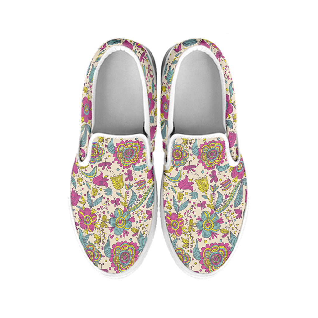 Vintage Girly Floral Print White Slip On Shoes