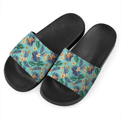 Vintage Hawaiian Aloha Pattern Print Black Slide Sandals