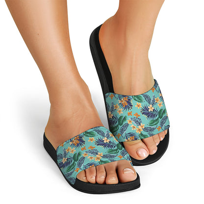 Vintage Hawaiian Aloha Pattern Print Black Slide Sandals