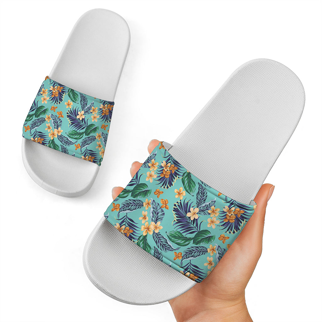 Vintage Hawaiian Aloha Pattern Print White Slide Sandals