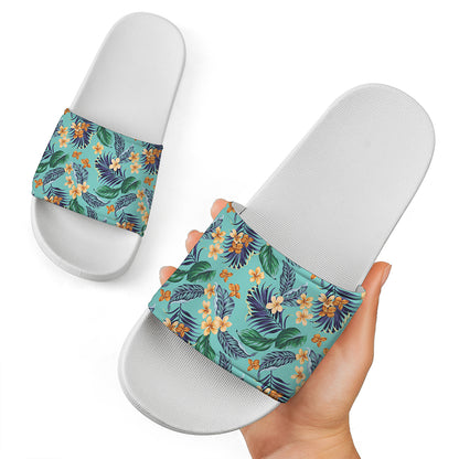 Vintage Hawaiian Aloha Pattern Print White Slide Sandals