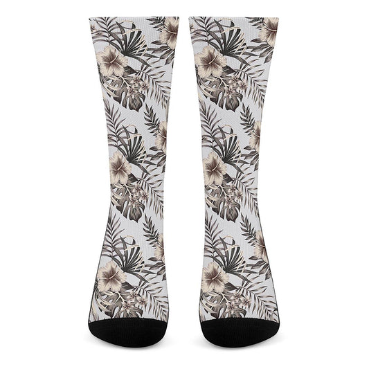 Vintage Hibiscus Plumeria Pattern Print Crew Socks