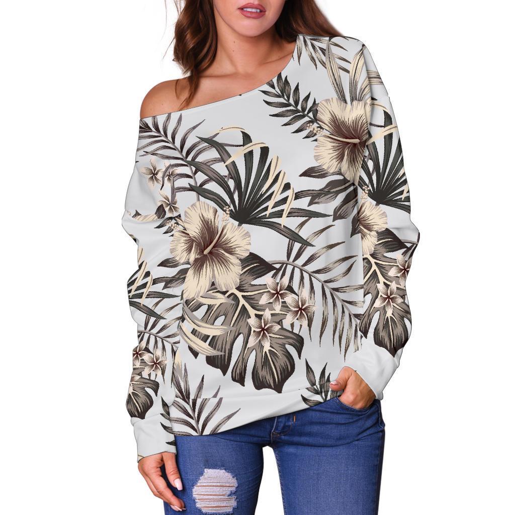 Vintage Hibiscus Plumeria Pattern Print Off Shoulder Sweatshirt GearFrost