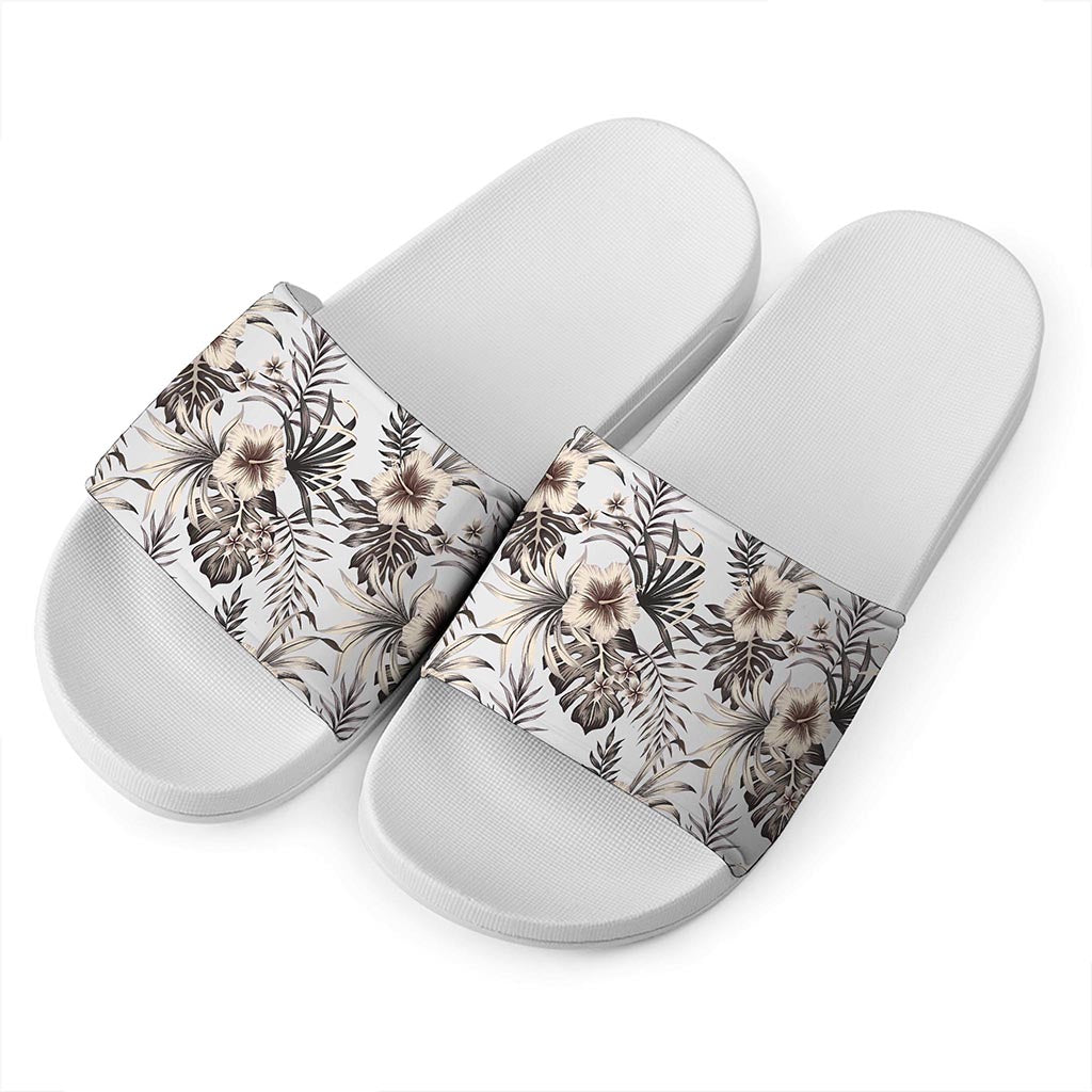 Vintage Hibiscus Plumeria Pattern Print White Slide Sandals