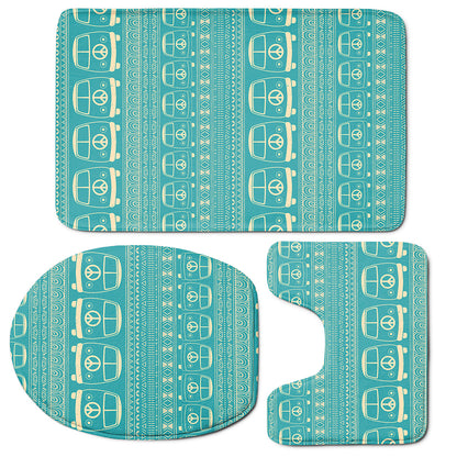 Vintage Hippie Van Pattern Print 3 Piece Bath Mat Set