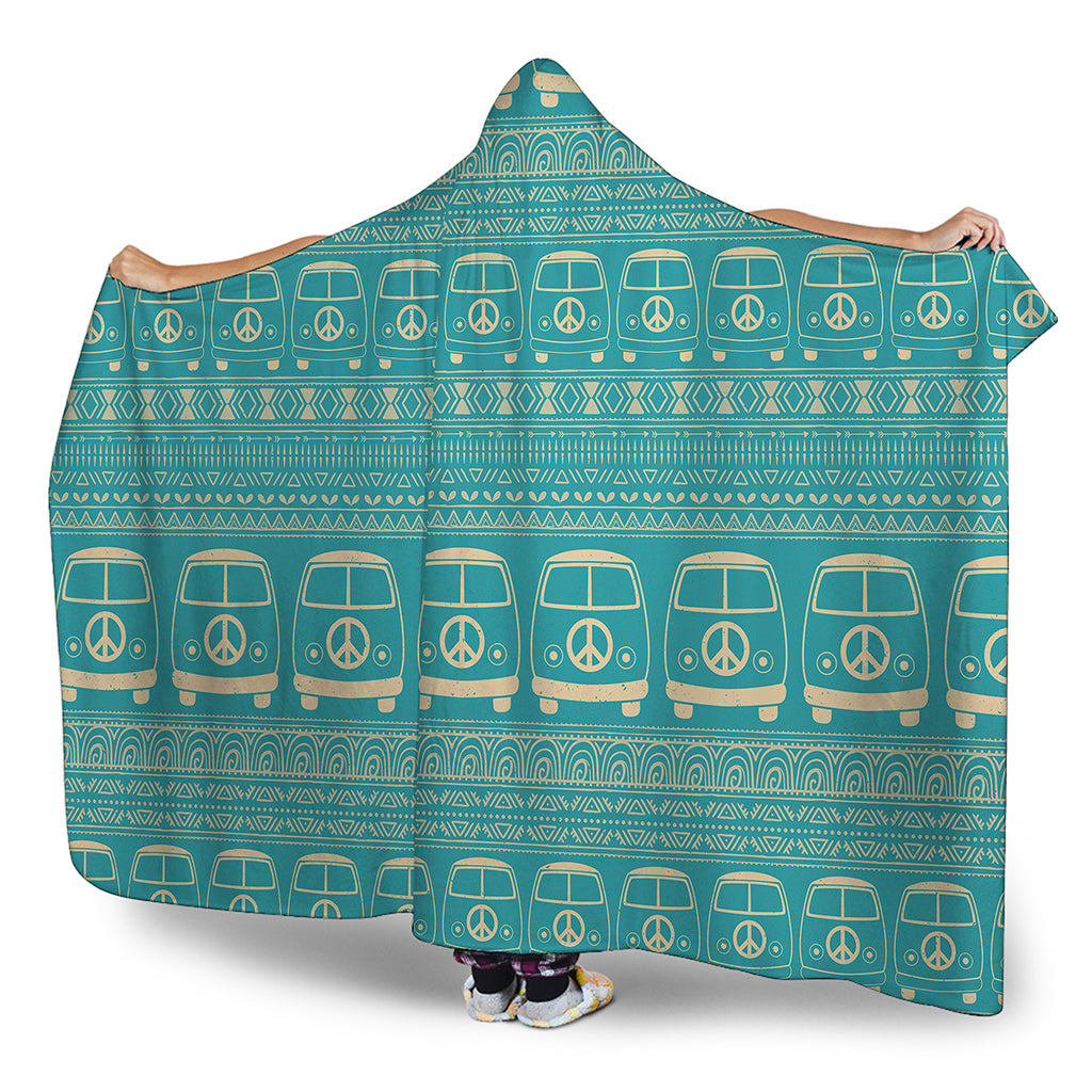 Vintage Hippie Van Pattern Print Hooded Blanket