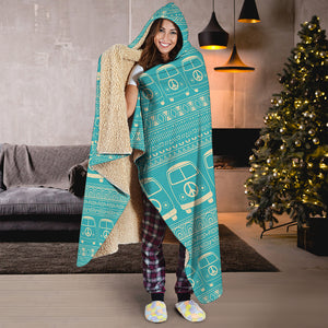 Vintage Hippie Van Pattern Print Hooded Blanket