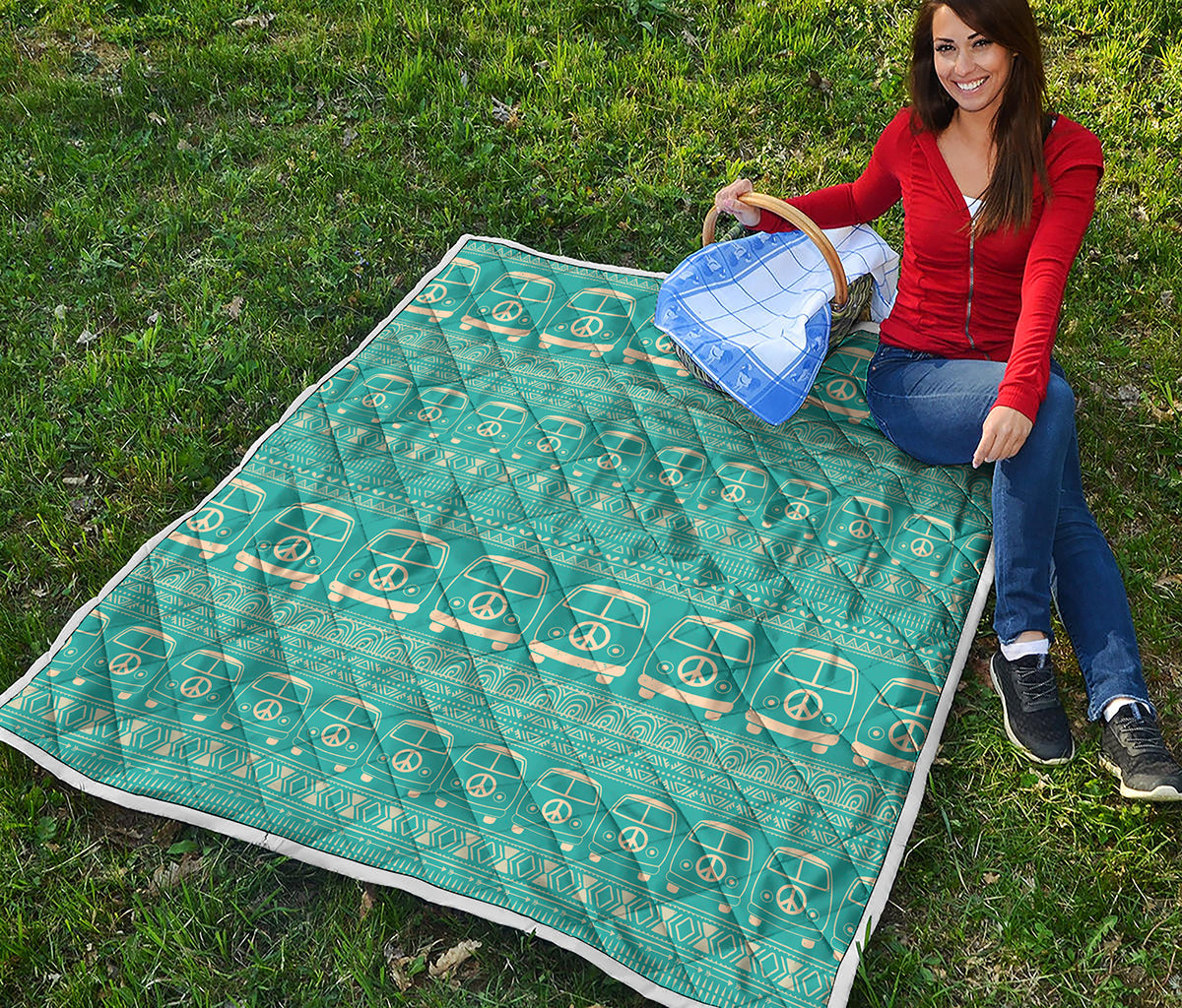 Vintage Hippie Van Pattern Print Quilt