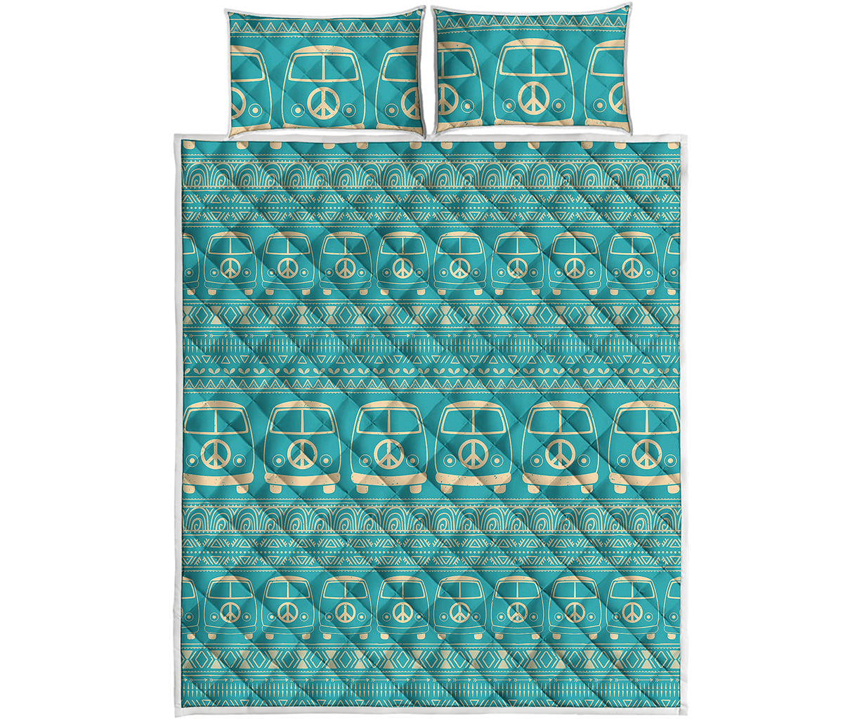 Vintage Hippie Van Pattern Print Quilt Bed Set