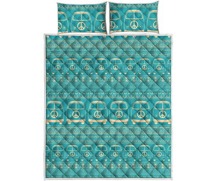 Vintage Hippie Van Pattern Print Quilt Bed Set