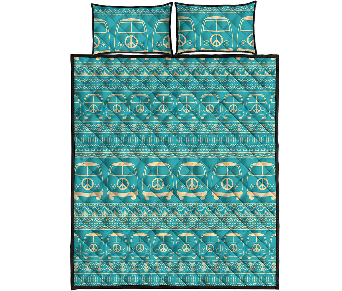 Vintage Hippie Van Pattern Print Quilt Bed Set