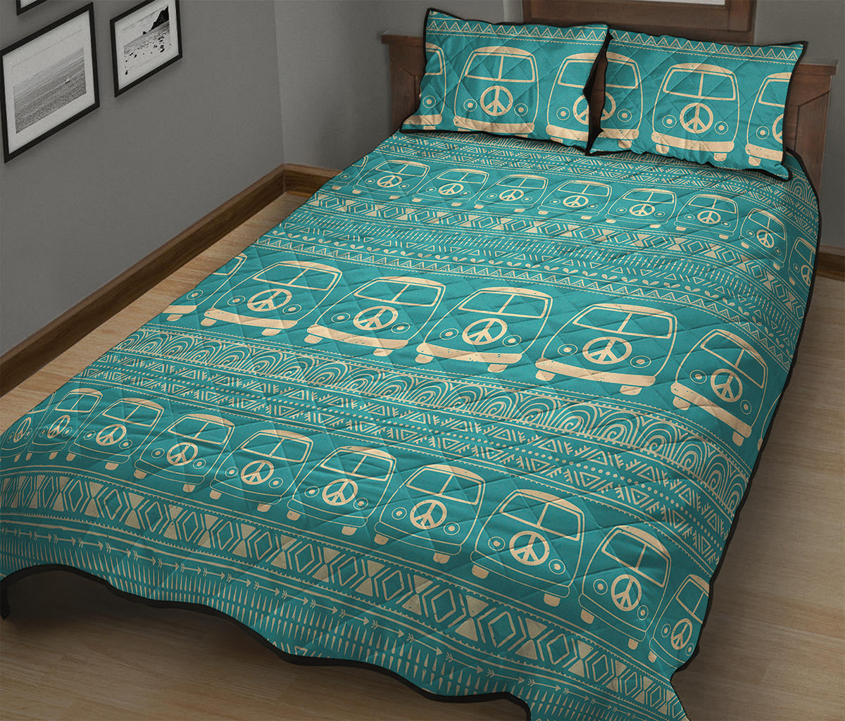 Vintage Hippie Van Pattern Print Quilt Bed Set