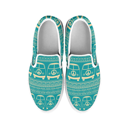 Vintage Hippie Van Pattern Print White Slip On Shoes
