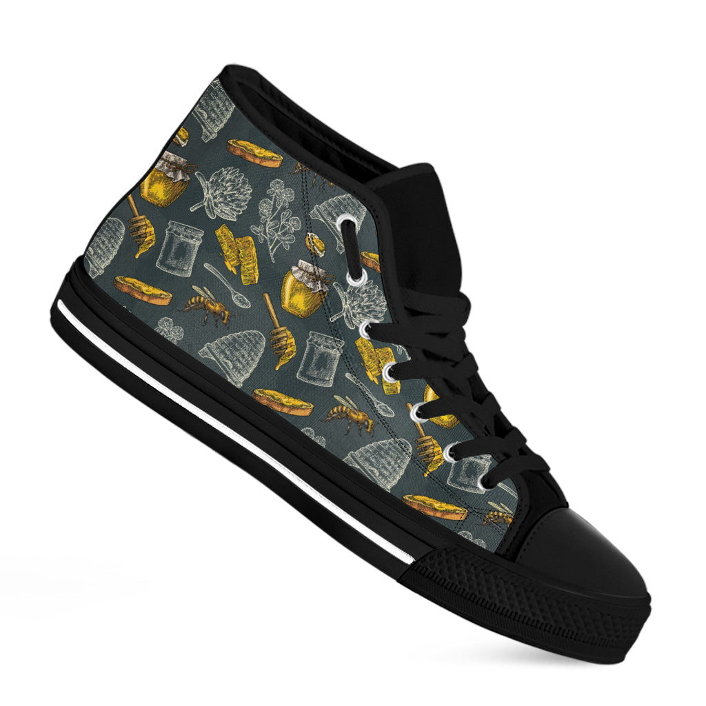 Vintage Honey Bee Print Black High Top Shoes