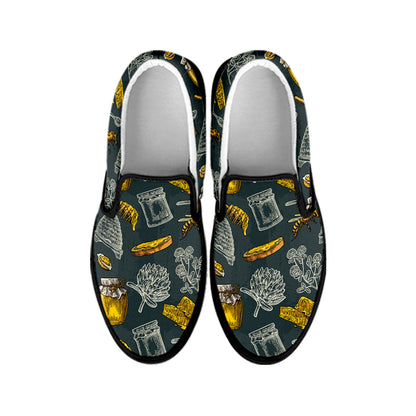 Vintage Honey Bee Print Black Slip On Shoes