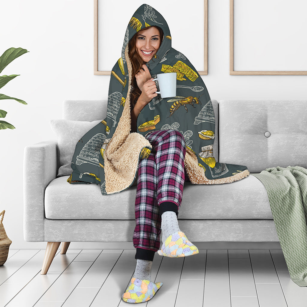 Vintage Honey Bee Print Hooded Blanket